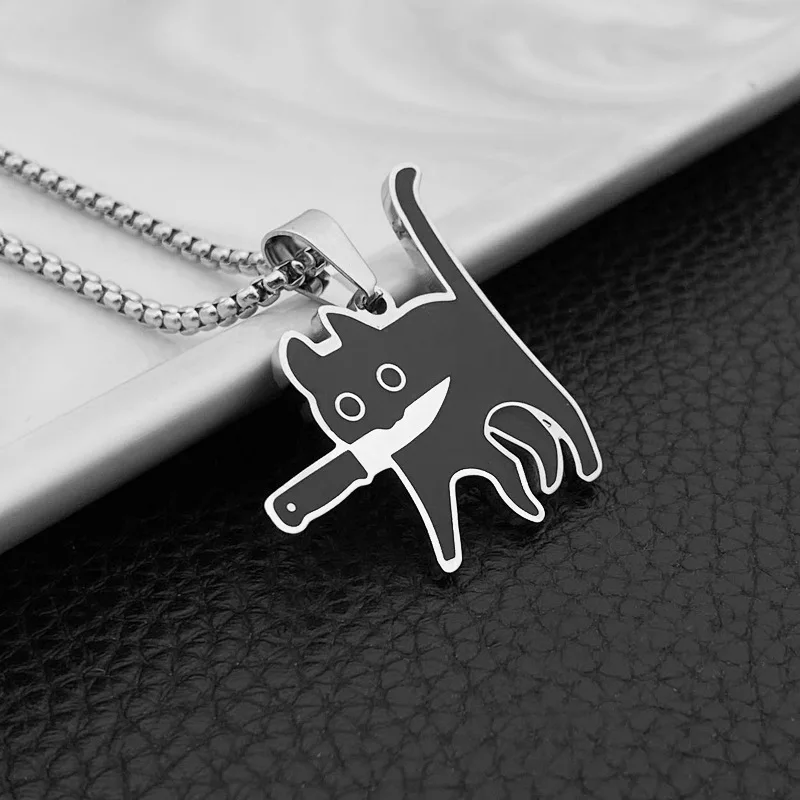 Hip Hop Titanium Stalen Killer Cat Ketting voor Vrouwen Mannen Schattige Punk Retro Doodle Zwarte Kat Hanger Ketting Nieuw Sieraden Cadeau_voghion.com
