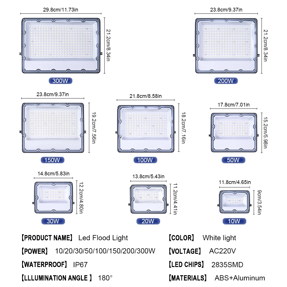 LED Flood Light AC 220V 100W 200W 300W 10W 20W 30W 50W 100W IP66 Waterproof LED Spotlight  Garden Street Gate Wall Floodlights