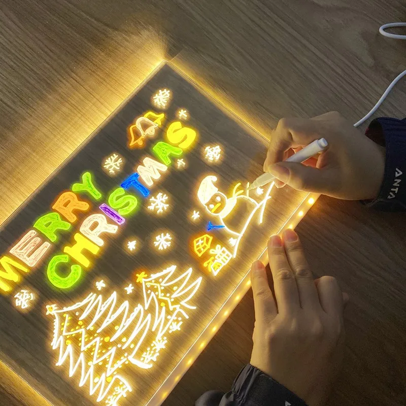 Lavagna trasparente a led magica con disegno acrilico luminoso, lavagna per appunti, regalo di giocattoli educativi fai da te per bambini, con supporto, con 7 pennarelli colorati - immagine 6