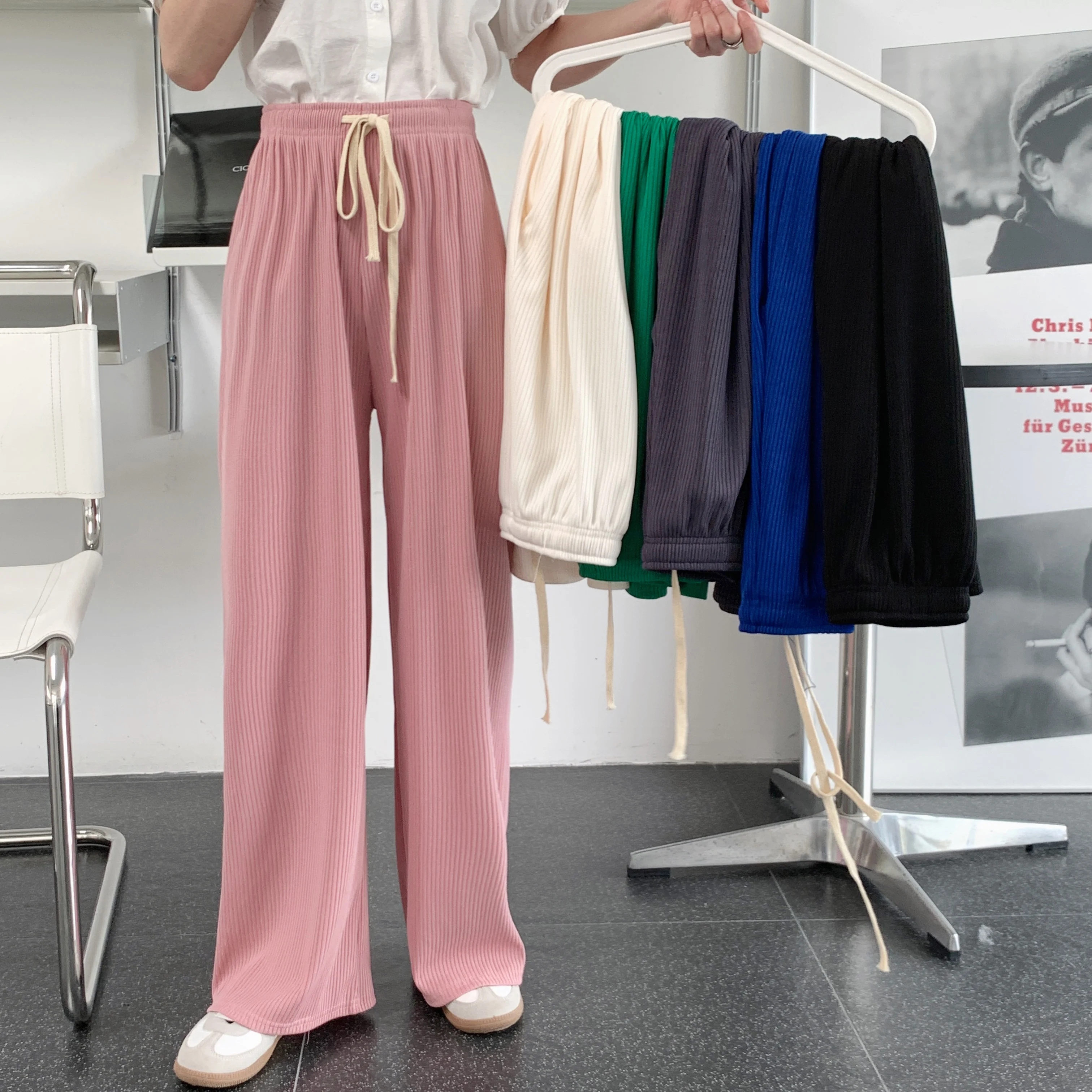 

Amolapha Women Snake Bone Pattern Elastic Waist Drawstring Wide Leg Pants Feel Slim Casual Trousers