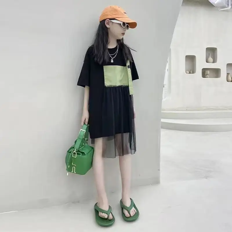 

Girls dress Summer clothes new teen children's loose casual stitching mesh gauze fashion skirt Girl fashion classic T-shirt ages