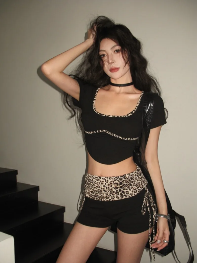 Leopard Print Slim Fit Short T-shirt Top Hot Girl Set Women's Summer Strap Low Waisted Straight Shorts Two-piece Set