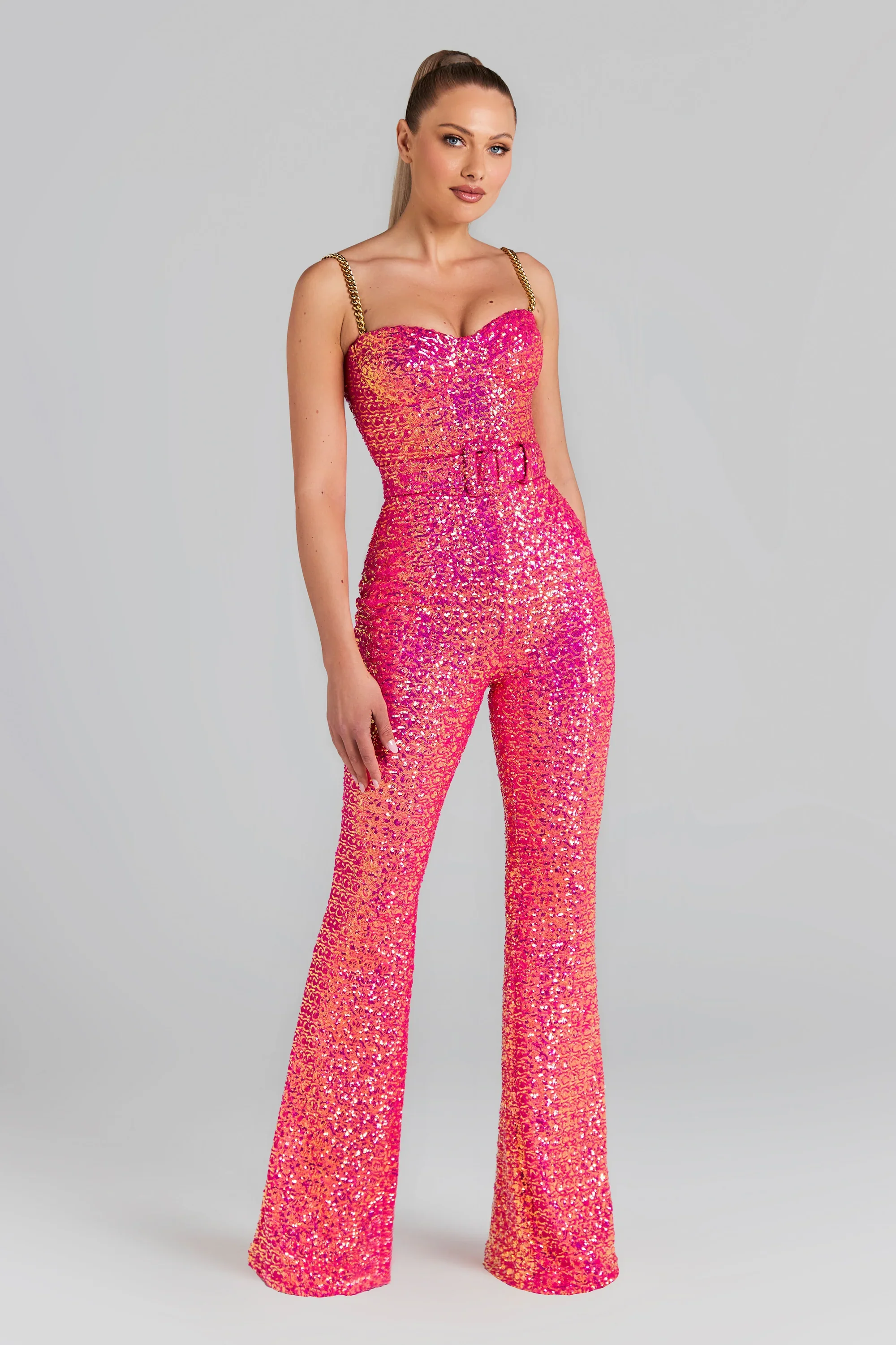 High Quality Pink Shining Sequins Spaghetti Strap Flare Pants Jumpsuit Fashion's Sexy Woman Party Outfit Cocktail Party Vestido
