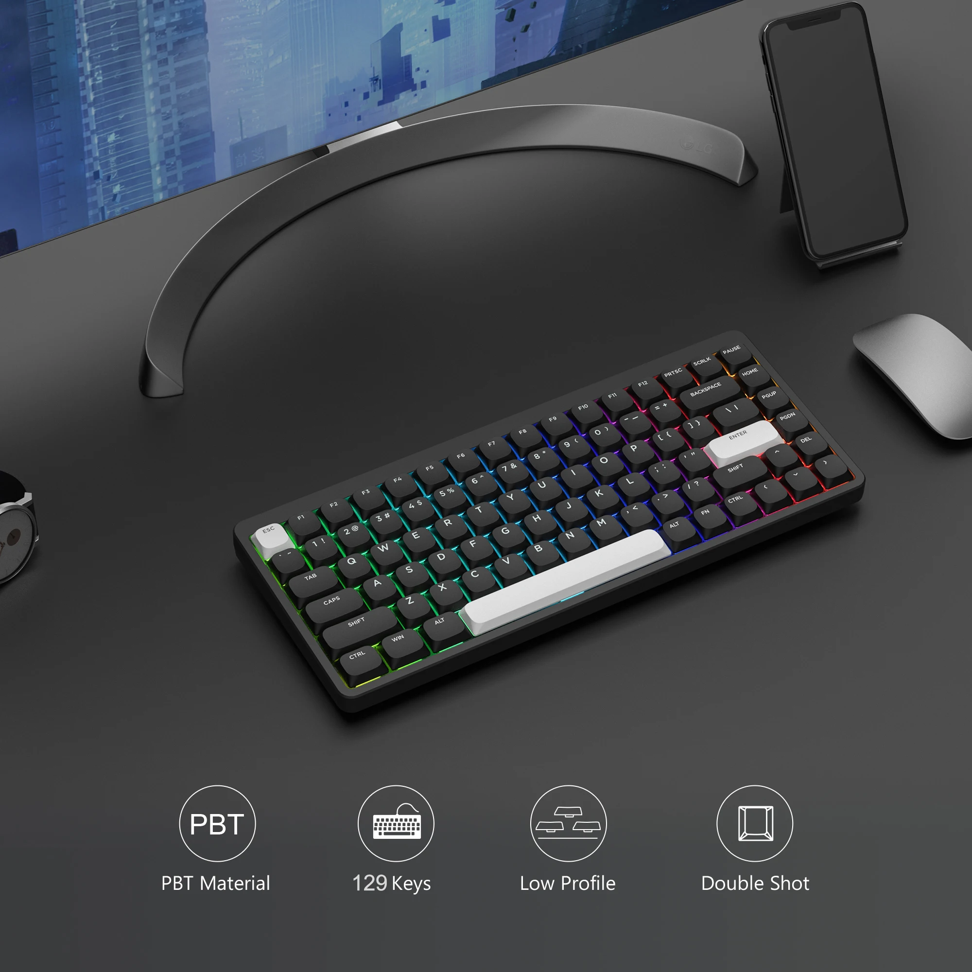 Pbt Keycaps para Teclado Mecânico Gamer Low Profile Wob Slim Double Shot Gateron Cherry mx Switch 60 65 75 Chave 129 - Imagem 4