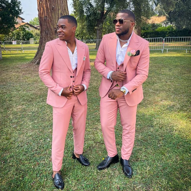 Pink 3pcs Set Men Suits Groom Formal 