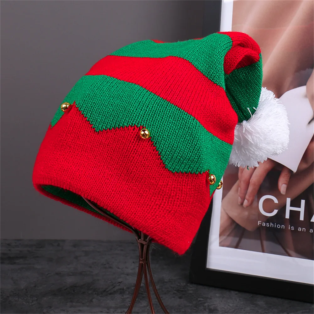 Adult Kids Knitted Christmas Hats Women Men Boy Girl Red Green White Stripe Parent-Child Beanie Pompom Hat Merry Christmas Gifts