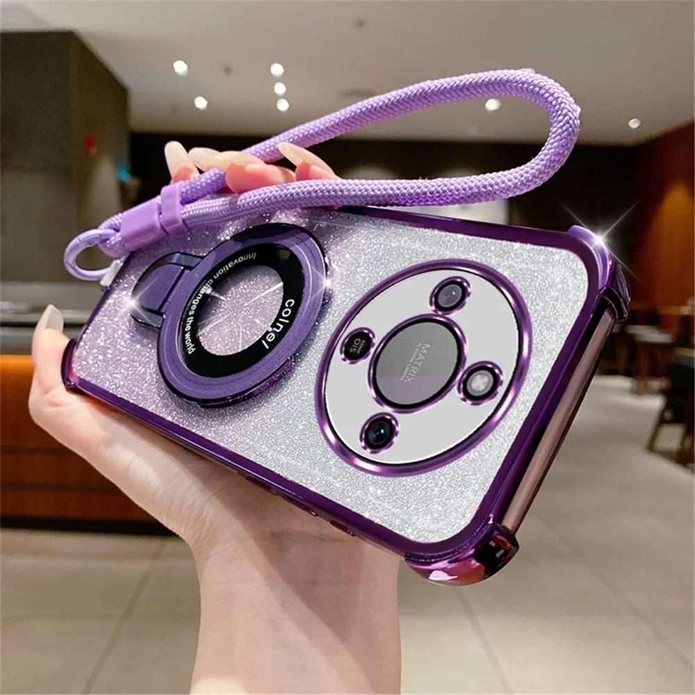 Magnetic Glitter Shockproof Phone Case with Lanyard Strap and Soft Silicone Back Cover