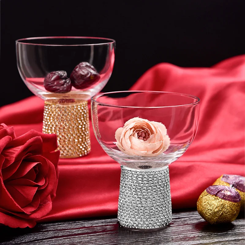 Diamond Inlay Cocktail Glasses Wedding Party Glassware Crystal Glass Cup  Luxury Gold Champagne Goblet Ice Cream Cup Dessert Mug
