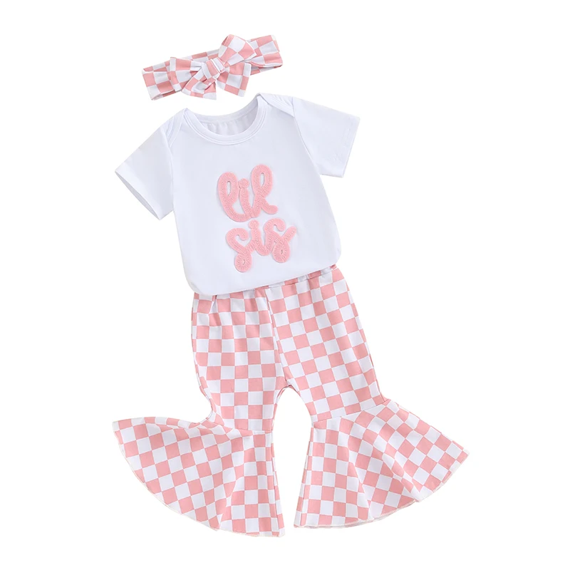 

Baby Girls Summer Outfit Letter Embroidery Short Sleeves Romper and Plaid Flare Pants Headband 3 Piece Clothes