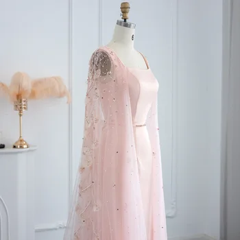 Luxury Pink 3D Flowers Dubai Evening Dress with Cape Sleeve Arabic Elegant Women Formal Gown for Wedding Party 493 2