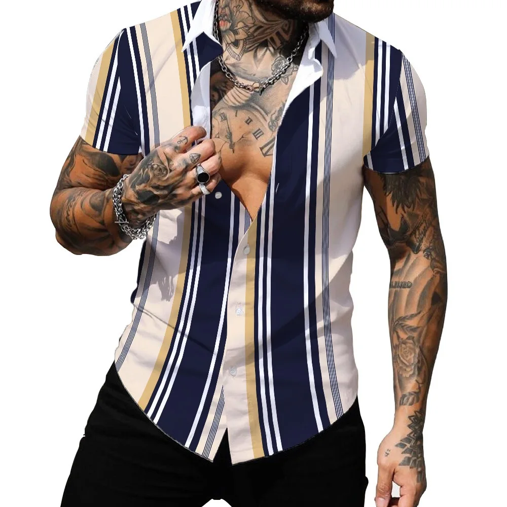Men's cross-border foreign trade European and American spring new 3D printed lapel short-sleeved retro striped casual shirt for 2023 spring and autumn cross border foreign trade new men s printed henry shirt casual stand collar buckle loose shirt