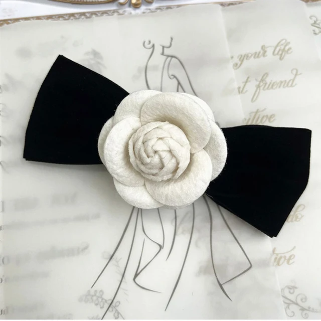 CHANEL white camelia and black ribbon Barrette - VALOIS VINTAGE PARIS