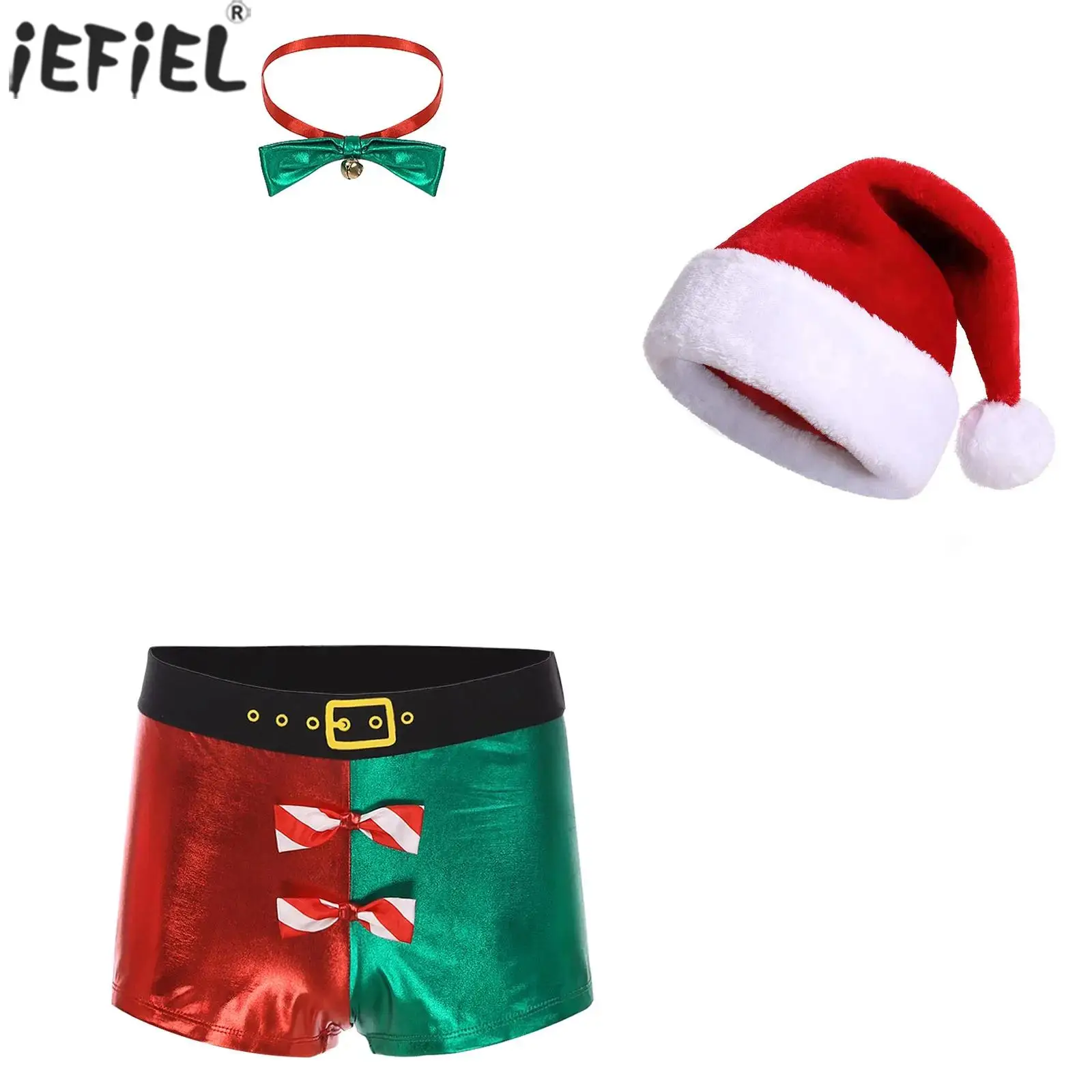 

Mens Christmas Shorts Underpants Lingerie Metallic Low Rise Colorblock Xmas Shorts Underwear with Bow Tie And Hat Male Panties