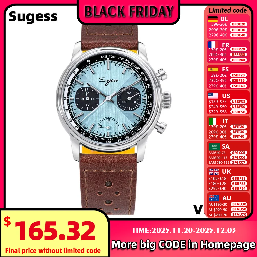 Sugess Pilot Watch Men ST1906 Movement Handwind Chronograph
