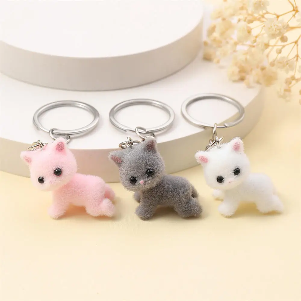 3D Cartoon Cute Cat Keychain Resin Flocking Kawaii Animal