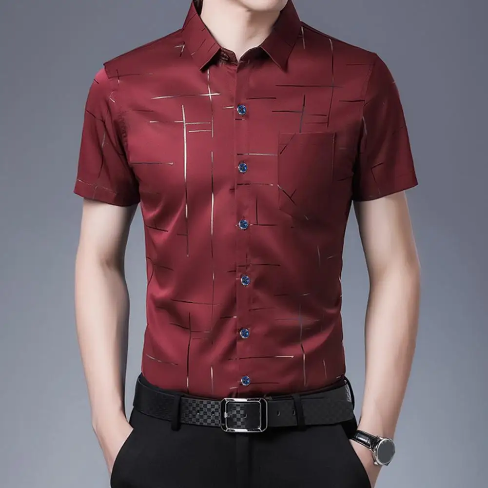 Silky Men Shirt Silky Turn Down Collar Single Breasted Formal Business Shirt Office Handsome Men Short Sleeve Shirt Work Shirts