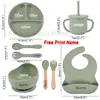 8Pcs Baby Silicone Feeding Set Round Dining Plate Sucker Bowl Dishes For Kids Personalized Name Children's Tableware Straw Cup 2