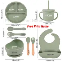 8Pcs Baby Silicone Feeding Set Round Dining Plate Sucker Bowl Dishes For Kids Personalized Name Children's Tableware Straw Cup 2