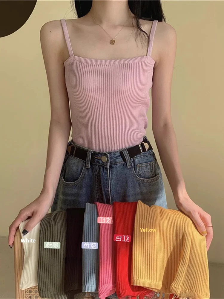 Ele White Knitted Strap Vest Women's Summer Inner Wear Hong Kong Sle Unique Exquisite Outerwear Svel Top