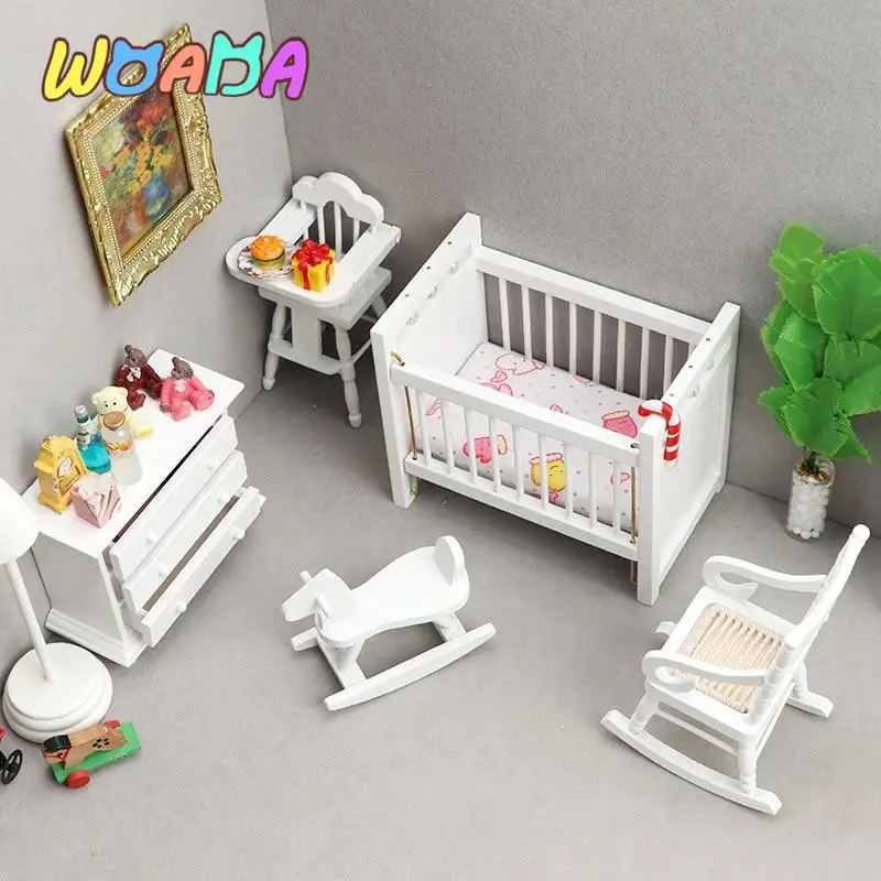 

5Pcs/Set 1:12 Dollhouse Furniture White Baby Cot Dining Chairs Rocking Horse Rocking Chair Cabinet Children's Room Decor Sets