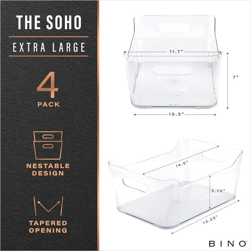 BINO, Plastic Organizer Bins, X-Large - 4 Pack, The SOHO Collection, Multi-Use Organizer Bins