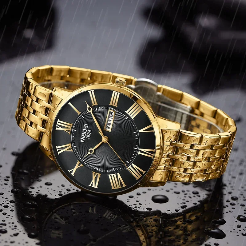 NIBOSI Fashion Simple Men Watch Slim Steel Week Date Waterproof Gold Watch For Men Quartz Business Watch Clock Relogio Masculino 3