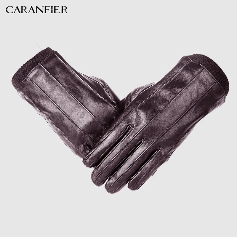 CARANFIER Men Top Genuine Sheepskin Gloves Winter Outdoor Plus Velvet Warm Man Guante Touch Screen Elastic Wrist Driving Riding
