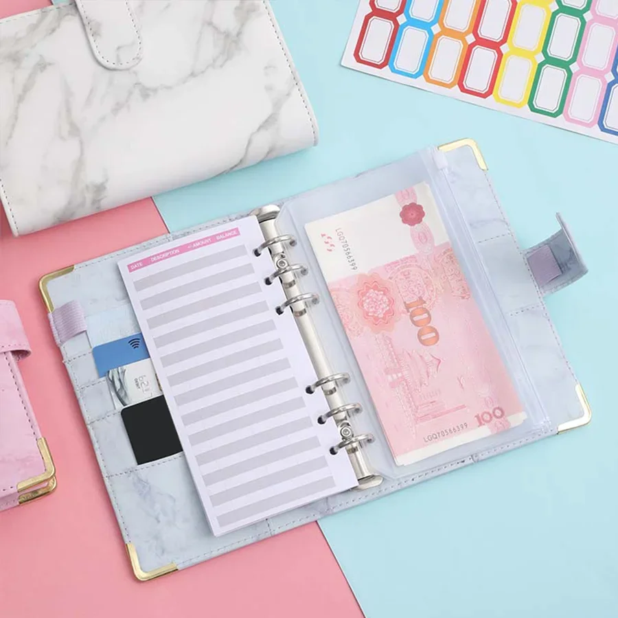 Sleek A6 PU Leather Marble Texture Binder with Zipper – Trendy Multi-Pocket Storage Bag to Keep Your Bills and Receipts Neat! 4