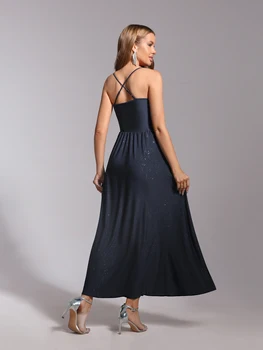 فستان سهرة أنيق باللون الأزرق الداكن مع فتحة ولامعة - فستان رسمي مثير برقبة على شكل حرف V مع فتحة، فستان حفلة موسيقية طويل لامع للنساء 2