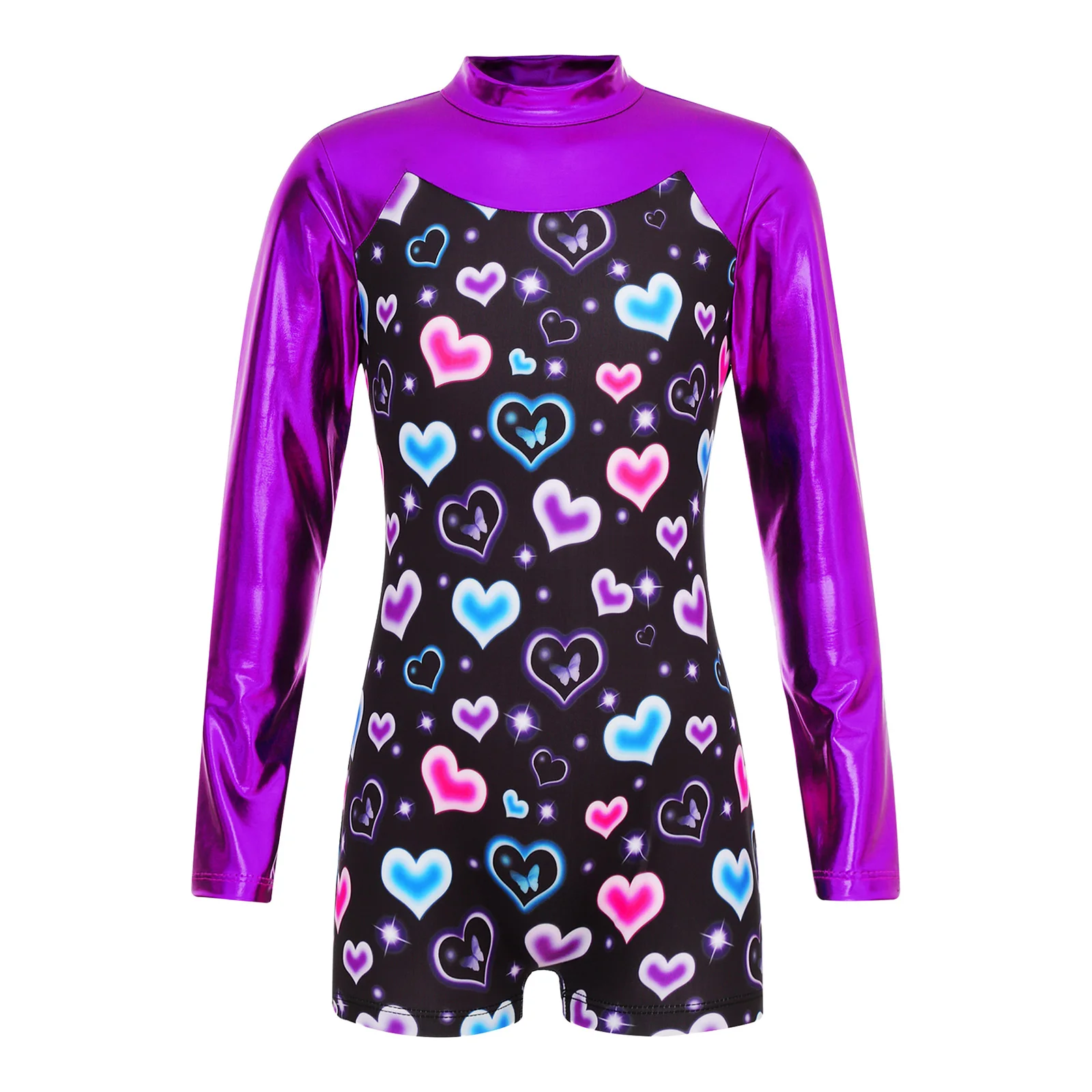 Girls One-piece Sport Bodysuit Long Sleeve Keyhole Back Metallic Pu Patchwork Boyleg Dance Leotard Gymnastic Athletic Jumpsuit