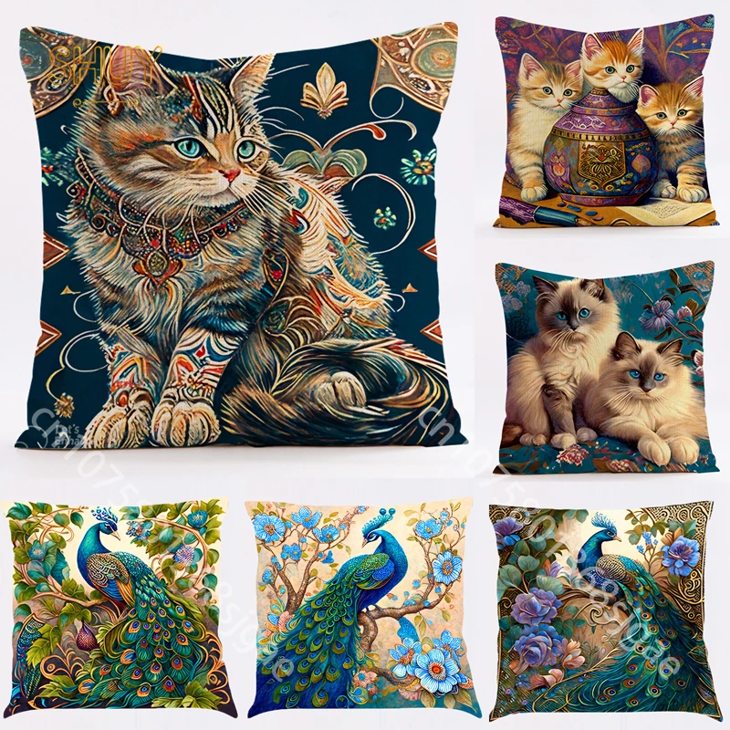 

Painting Peacock Cat Pillow Case Decorative Sofa Chair Waist Throw Pillows Bedroom Decor Bedding Cushion Cover Car Pillowcase