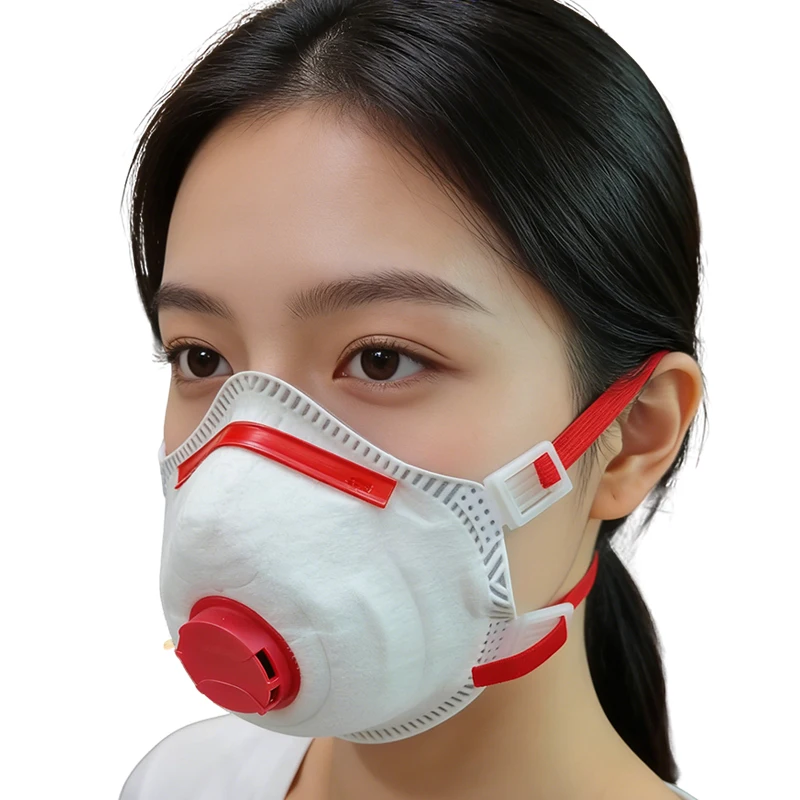 Lot de 10 masques FFP3 CE 5 couches avec valve, vue de face sur fond neutre.