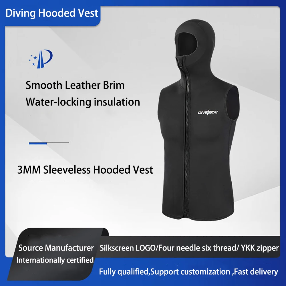 3MM Neoprene Men's Thermal Diving Vest with Hood Sleeveless Surfing Wetsuit Jacket Split Waterproof  Scuba Diving Top Keep Warm
