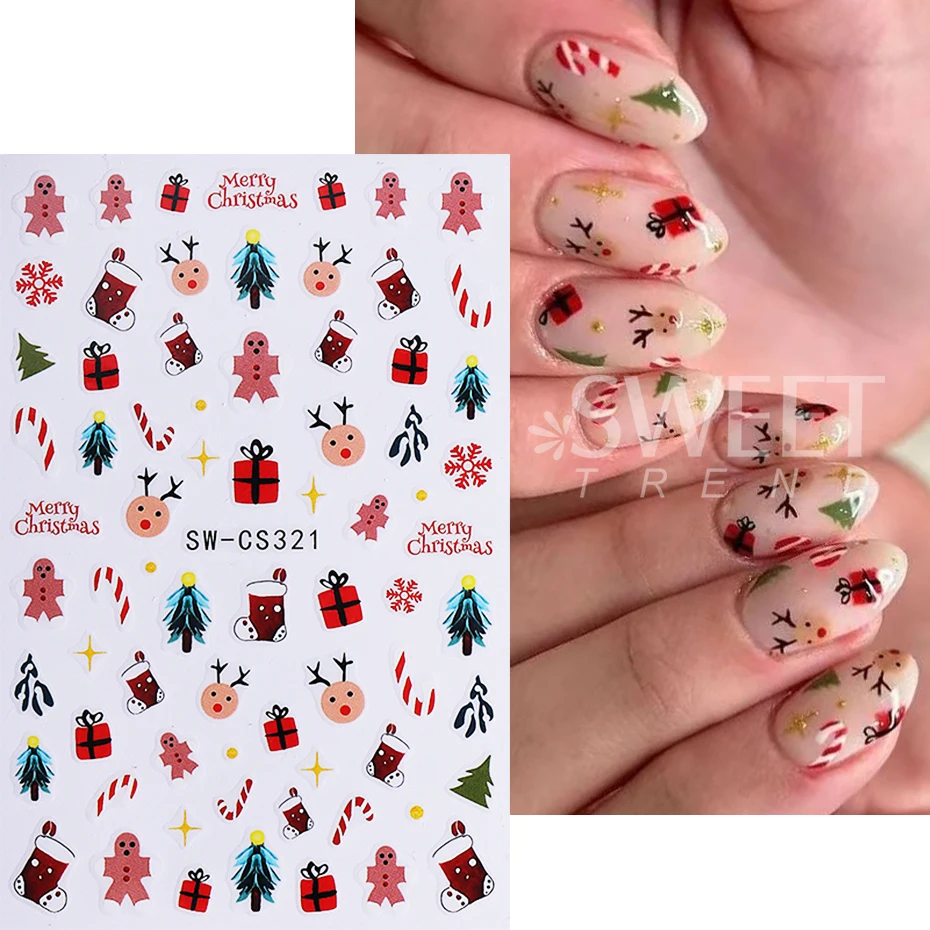 2pcs Christmas Nail Stickers Cute Gingerbread man Elk Xmas Tree Leaves Holly DIY Winter Gift Decals Sliders Manicure Decoration
