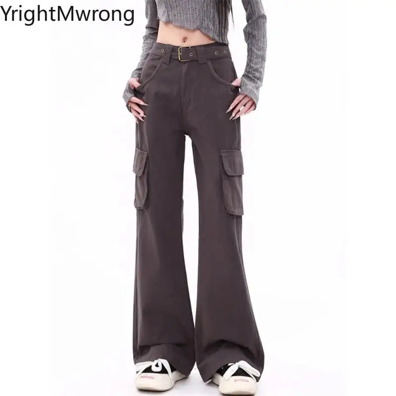 

Flap Pocket Full Length Flare Jeans with Belt Loose Cargo Pants Women Autumn 2023 New Fashion Vintage High Waisted Streetwear