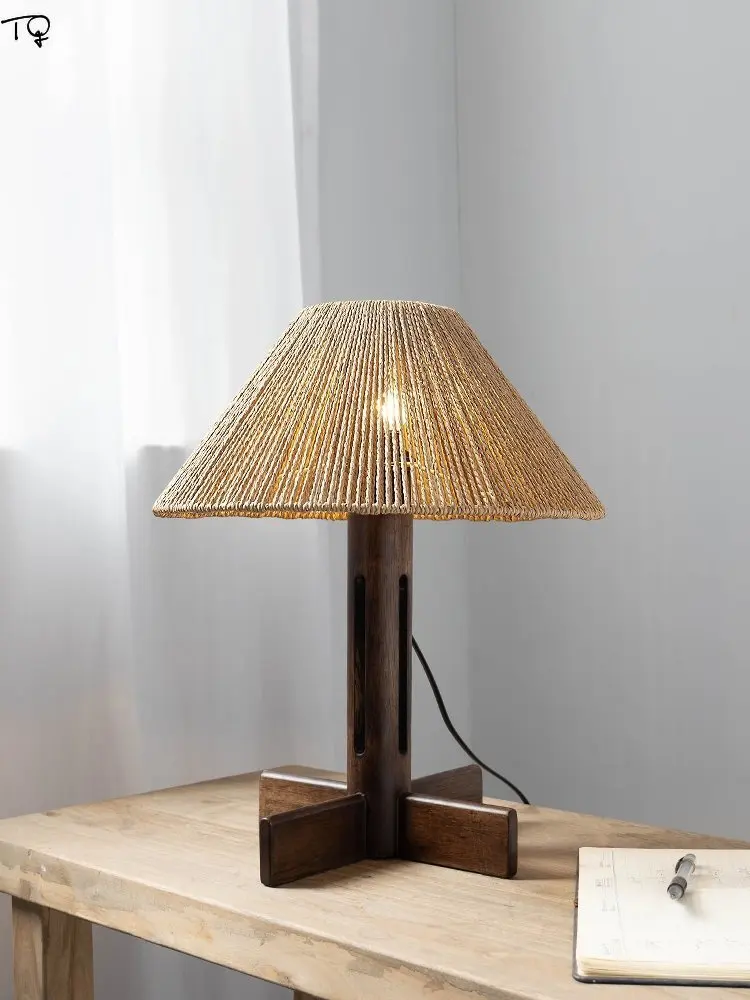 

Japanese Wabi-sabi Solid Wood Rattan Weaving Hemp Rope Table Lamp LED E27 Designer Retro Zen Art Desk Lights Homestay Bedroom