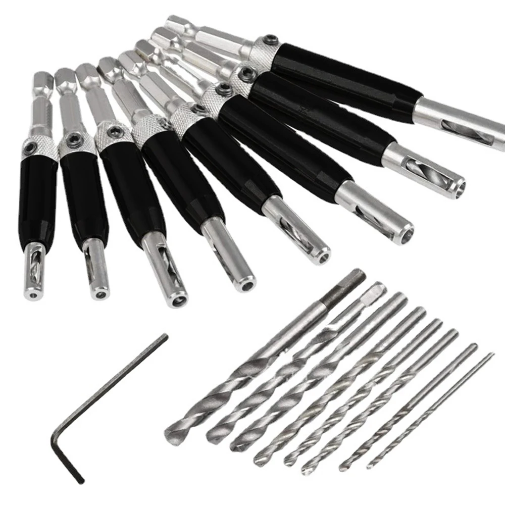 

17pcs / set Self-centering Hinge Opener Drill Bit Set with 8 Replacement Bits, 1 Hex Wrench