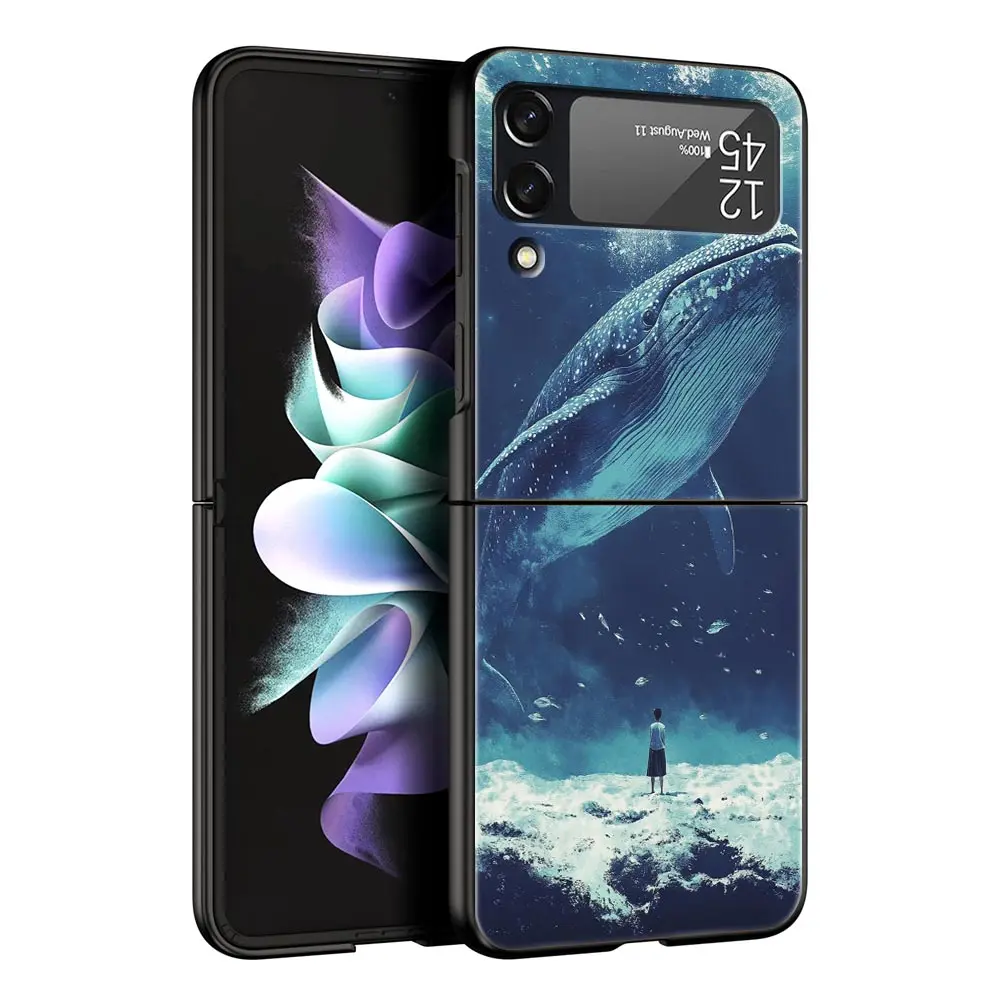 Ocean Whale Shark Swimming Design Black Hard Folding Phone Case