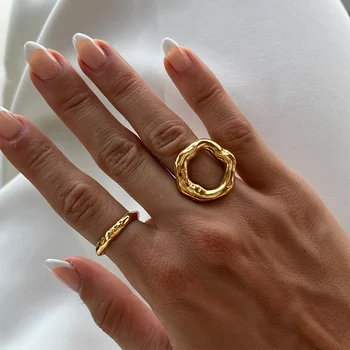 Vintage Gold Color Irregular Circle Hammered Rings for Women Stainless Steel Texture Statement Finger Ring Fashion Jewelry Gift