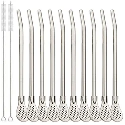 Eco - Friendly Stainless Steel Tea and Coffee Straws with Built - in Filter Spoon - Reusable and Washable Bar Accessories Set (10Pcs Silver)