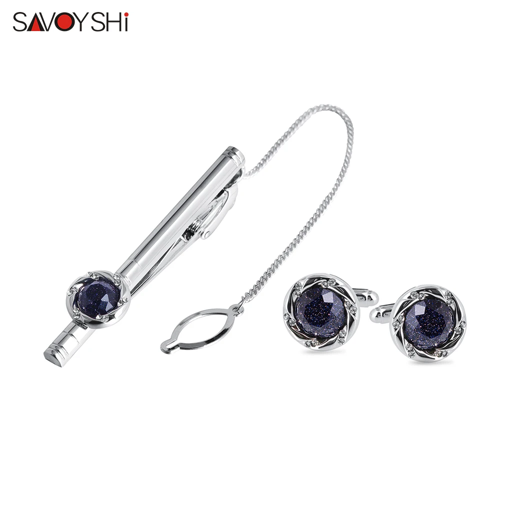 Savoyshi Luxury Brand Crystals Fermacravatta E Gemelli Per Uomo Di Alta Qualità Blue Starry Sky Stone Cuff Links Gioielli Regalo Per Feste