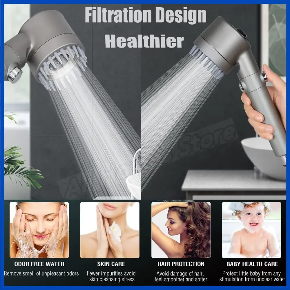 4 Spray Modes Massage Shower Head with Replacement Hose Bracket Cotton Filters Handheld High Pressure
