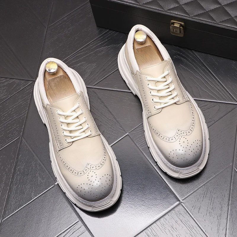 

men fashion stage nightclub dress original leather brogue shoes lace-up derby shoe youth platform sneakers beige green