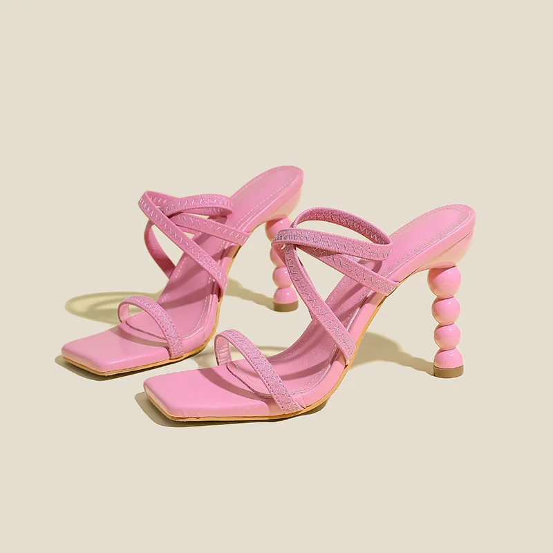2023Square Toe Open Toe Elastic Strap with One Foot and Irregular Heel High Heels, Large Size Fashionable and Sexy Sandals