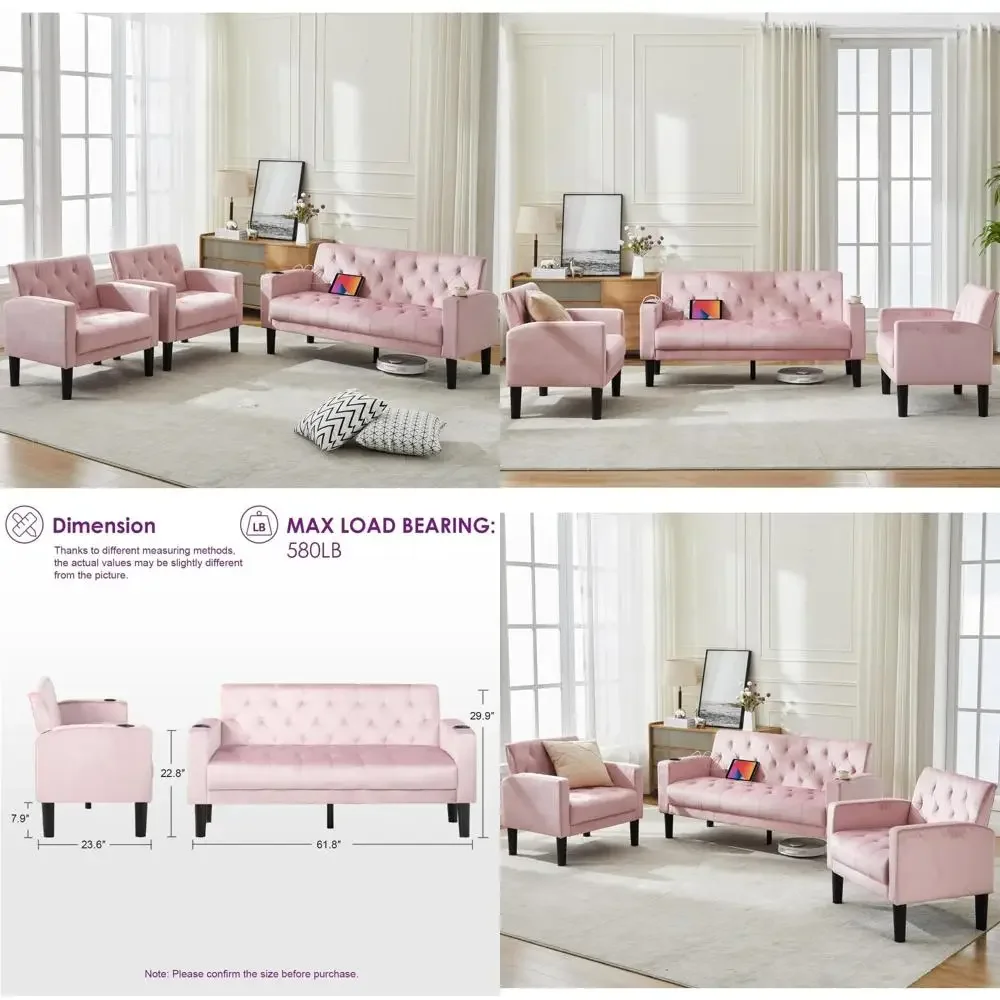 Mid-Century Modern Pink Velvet Loveseat Sofa Set with USB Ports and Cupholders, 3-Piece Living Room Furniture, Ideal for Small S 1