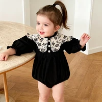 0-24M Spring Autumn Baby Girls Bodysuit Newborn Girls Romper Floral Embroidery Lapel Solid Puff Sleeve Jumpsuit Baby Clothes