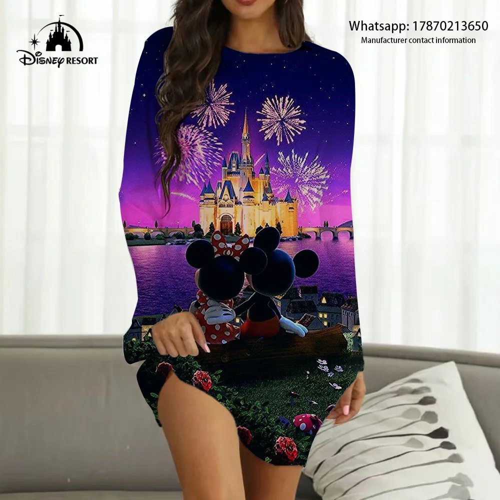 Spring and summer women's casual Mickey cartoon pattern 3D printed long-sleeved round neck dress