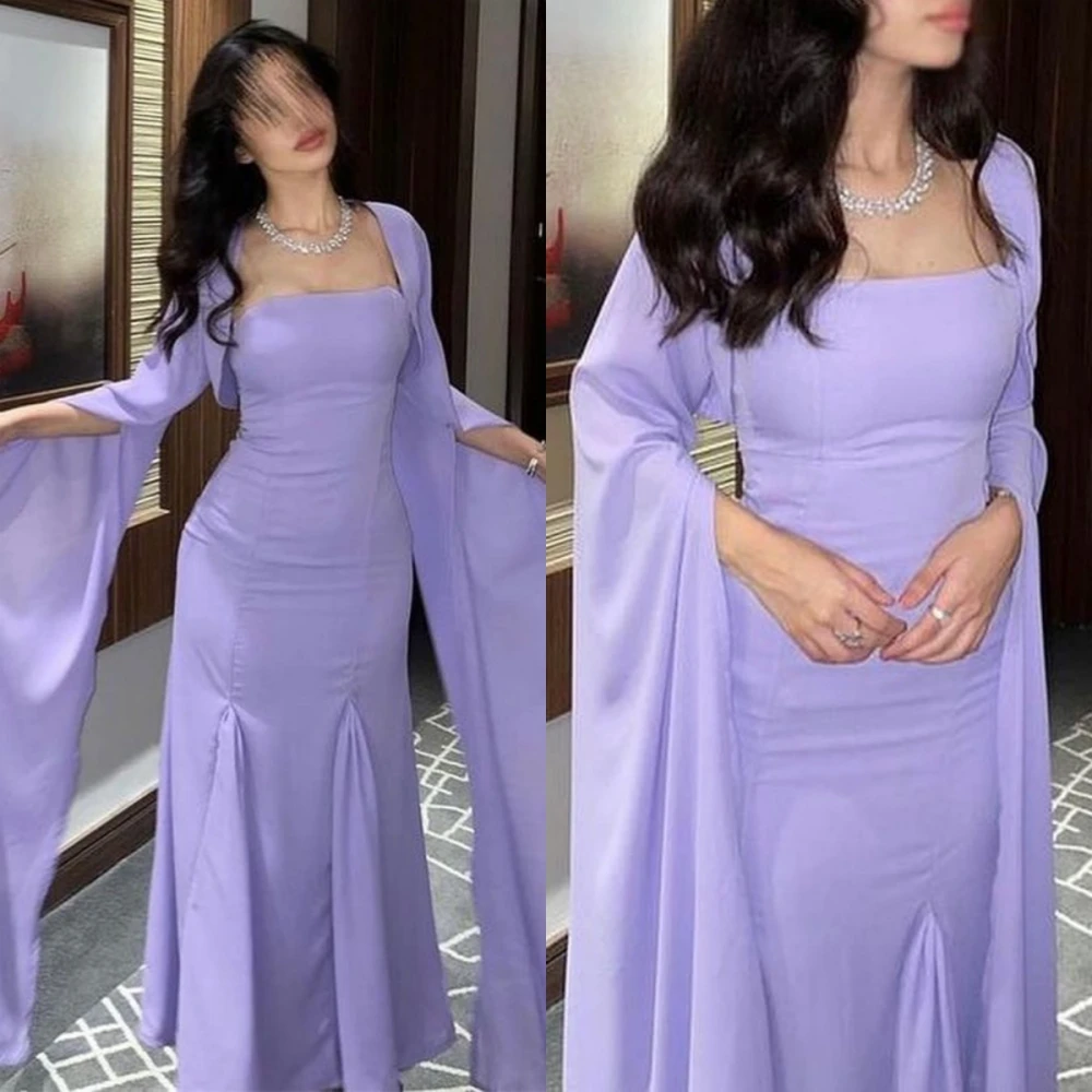

High Quality elegant Square Collar Mermaid Prom Dresses Ankle Length Long Sleeve Simple Feathers Formal Evening Gowns 이브닝드레스
