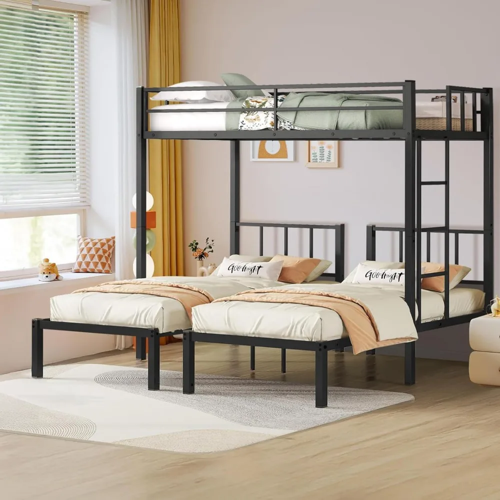 Twin Over Twin & Twin Bunk Beds for 3, Triple Bunk Bed for 3 with Guardrails, Ladder & Upper-Bed Platform, for Children, Teens 5