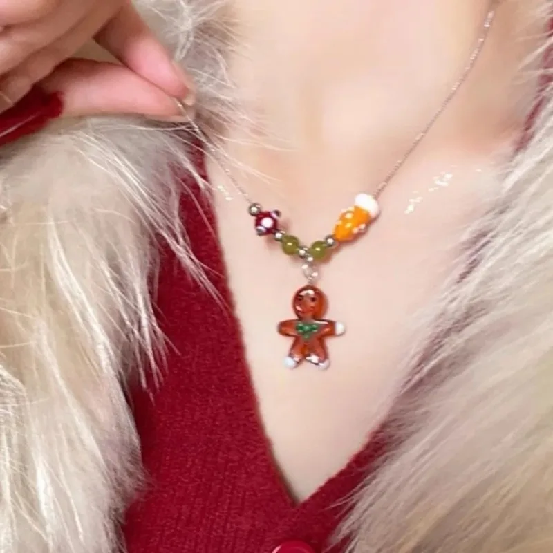 Kawaii Christmas Tree Gingerbread Man Pendant Necklace for Women Men Holiday Choker Party Jewelry Gifts